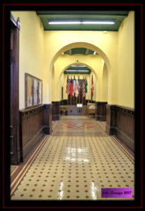 9 Flags over Goliad and Courthouse Interior Corridor